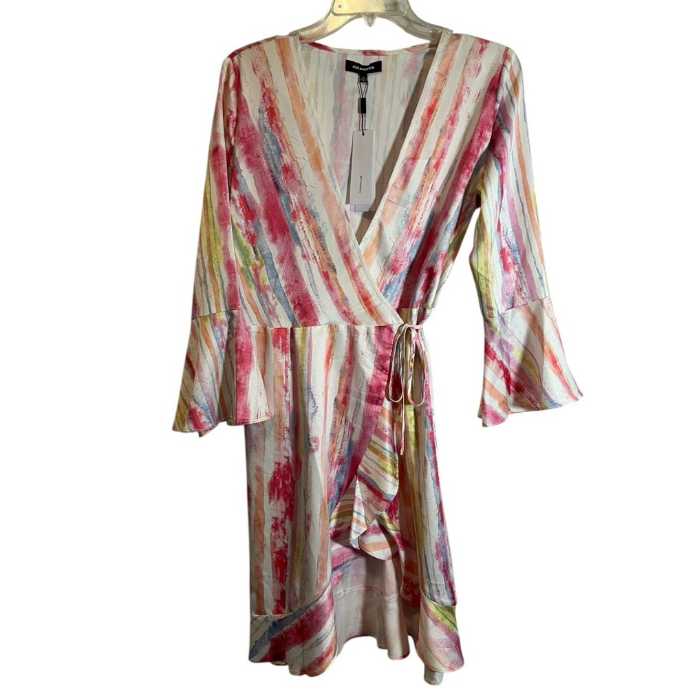 525 America Satin Multicolor Striped Print Wrap Dress Size Small